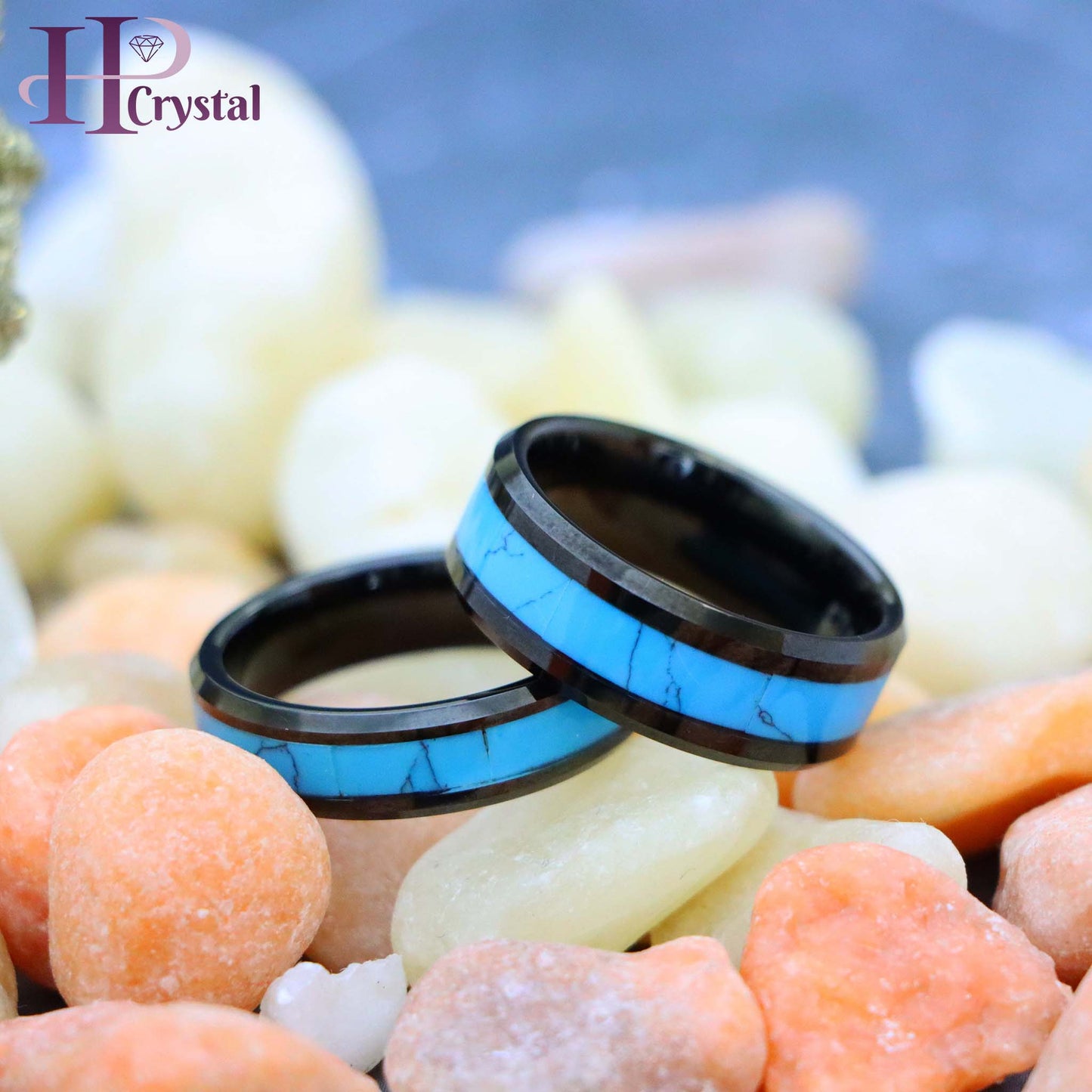 Black IP with Synthetic Blue Turquoise Inlay Beveled Edge Tungsten Ring