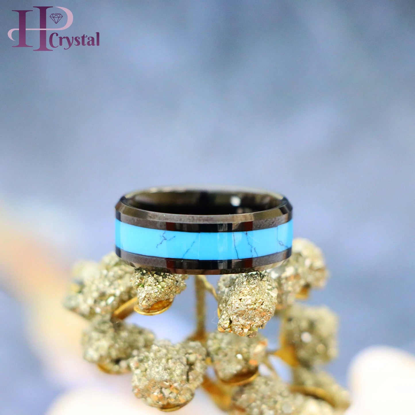 Black IP with Synthetic Blue Turquoise Inlay Beveled Edge Tungsten Ring