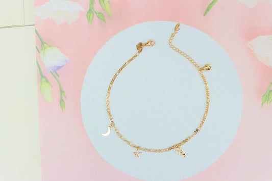 Rose Gold Moon & Star Anklet with Leaf Charm, XPAL1182 (2119-1)