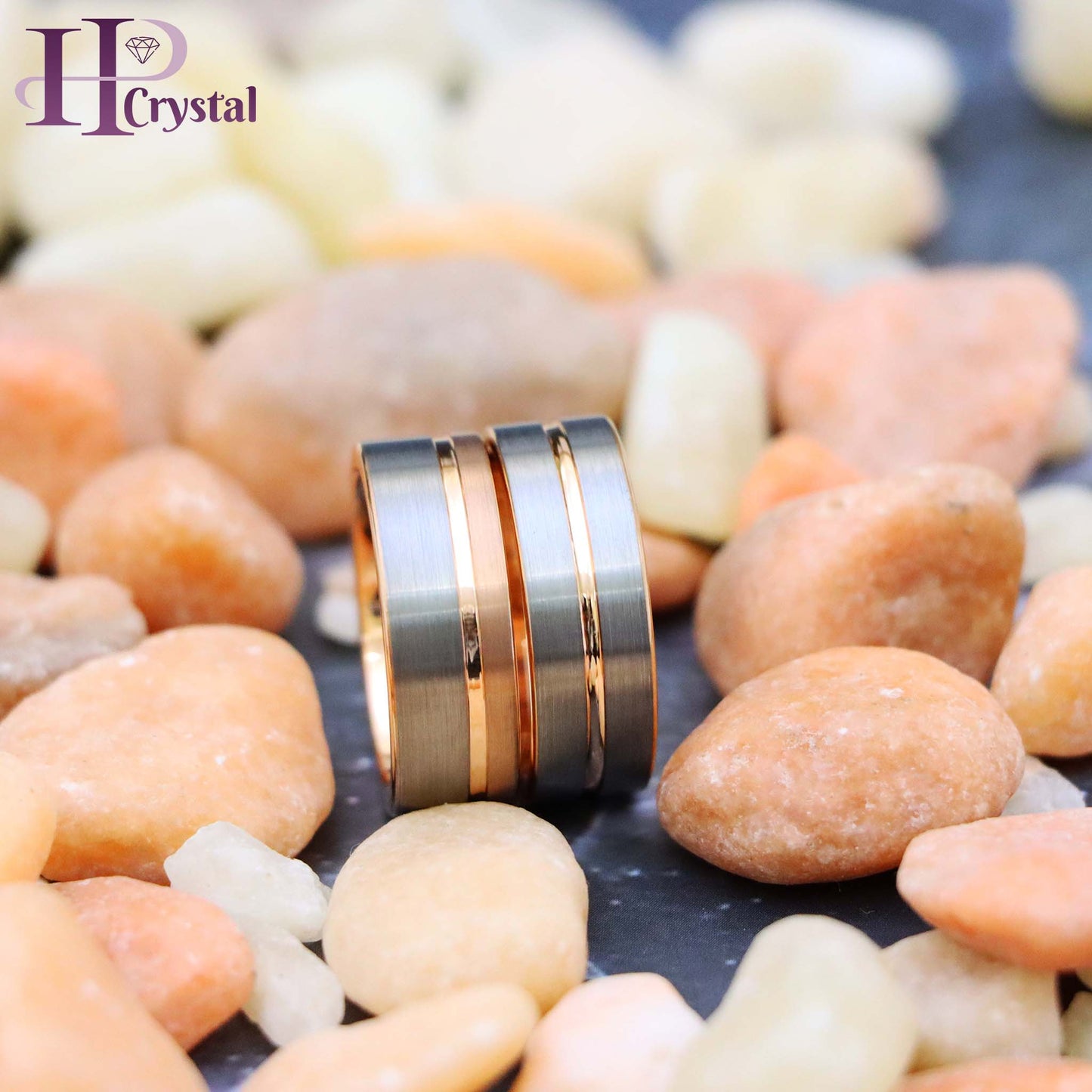 Rose Gold IP Plated Inside & Groove Brushed Center Tungsten Ring