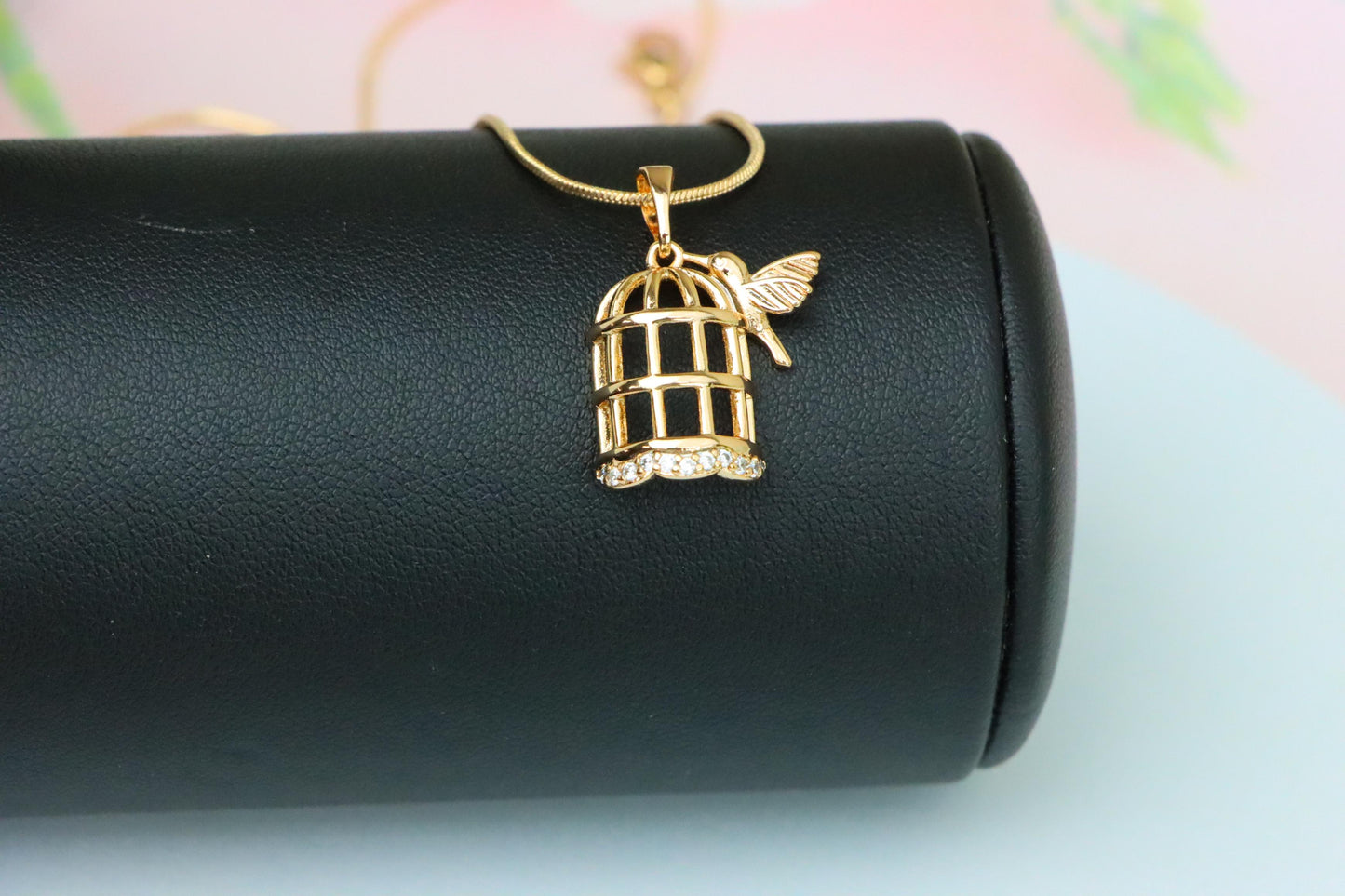 Birdcage Rose Gold Pendant with Crystals and Bird, XPPT1567 (2144-7)
