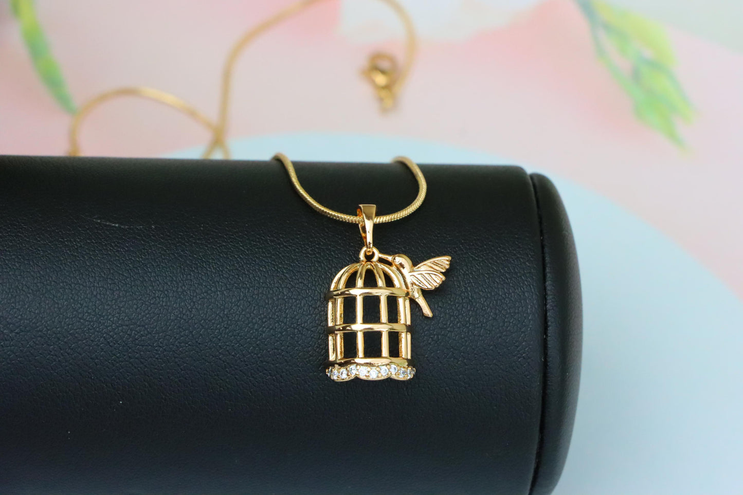 Birdcage Rose Gold Pendant with Crystals and Bird, XPPT1567 (2144-7)