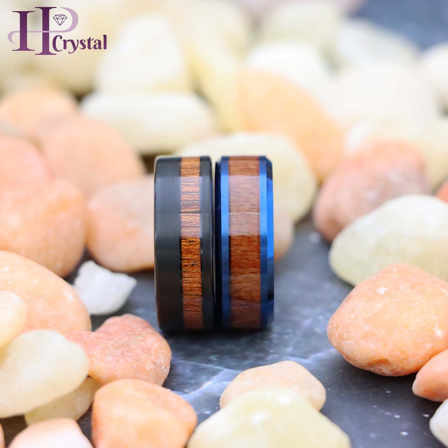 Blue & Black IP Plated Tungsten Ring with Hawaiian Koa Wood Inlay - Men's Wedding Band