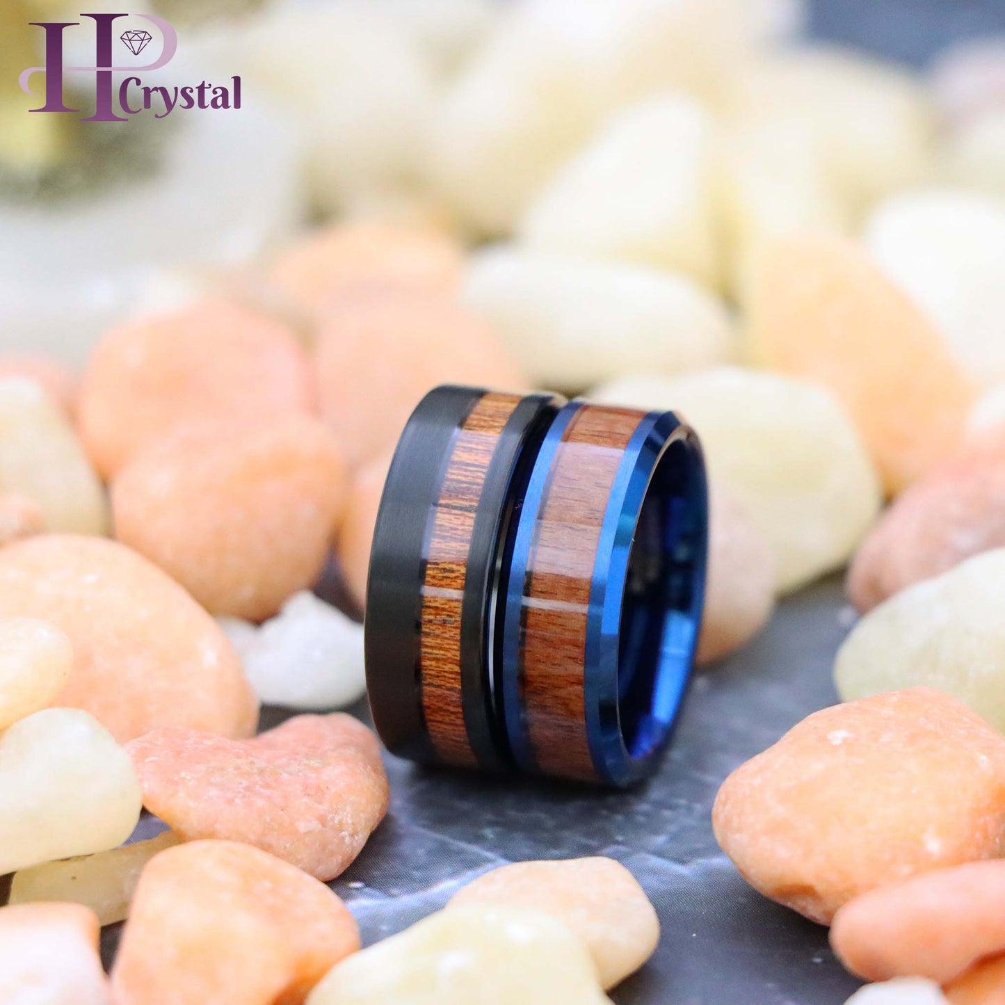 Blue & Black IP Plated Tungsten Ring with Hawaiian Koa Wood Inlay - Men's Wedding Band
