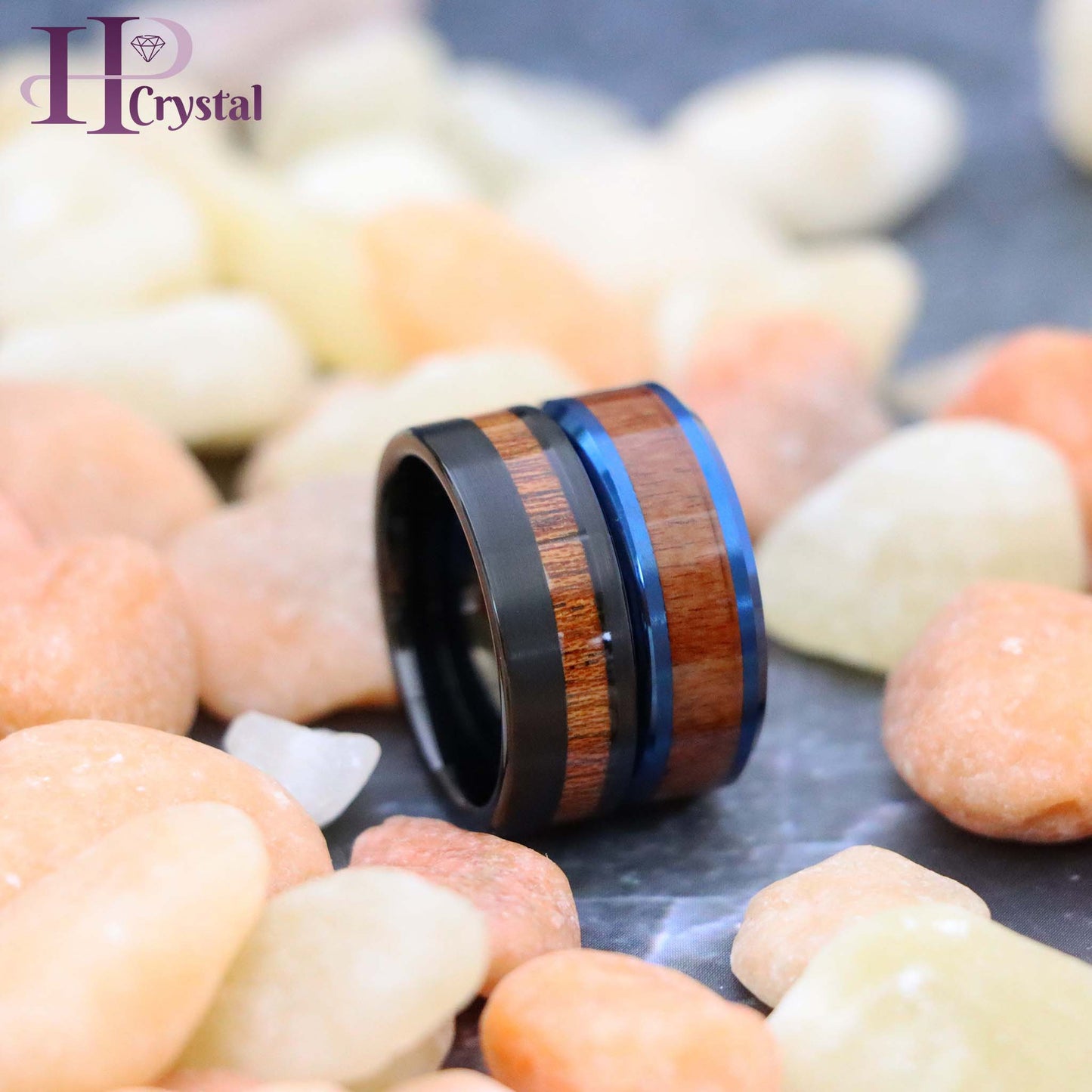 Blue & Black IP Plated Tungsten Ring with Hawaiian Koa Wood Inlay - Men's Wedding Band