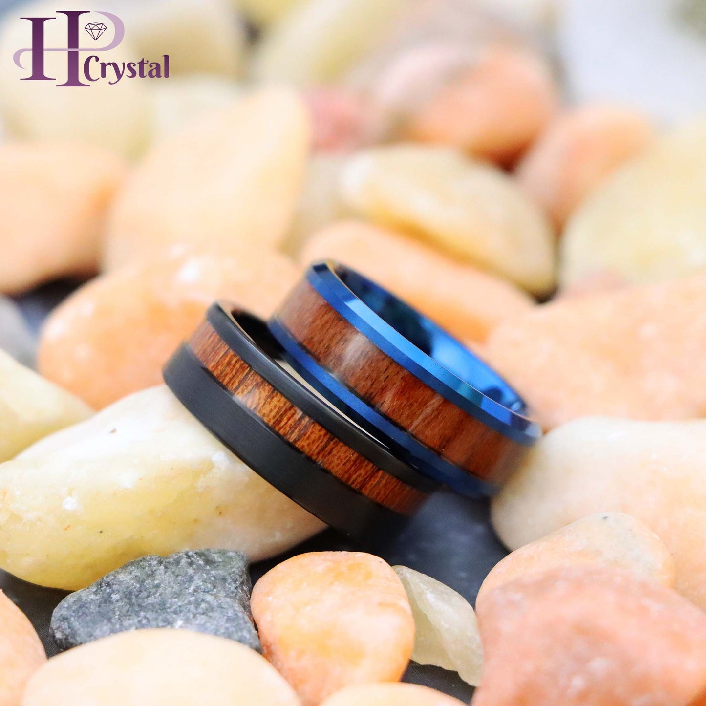 Blue & Black IP Plated Tungsten Ring with Hawaiian Koa Wood Inlay - Men's Wedding Band