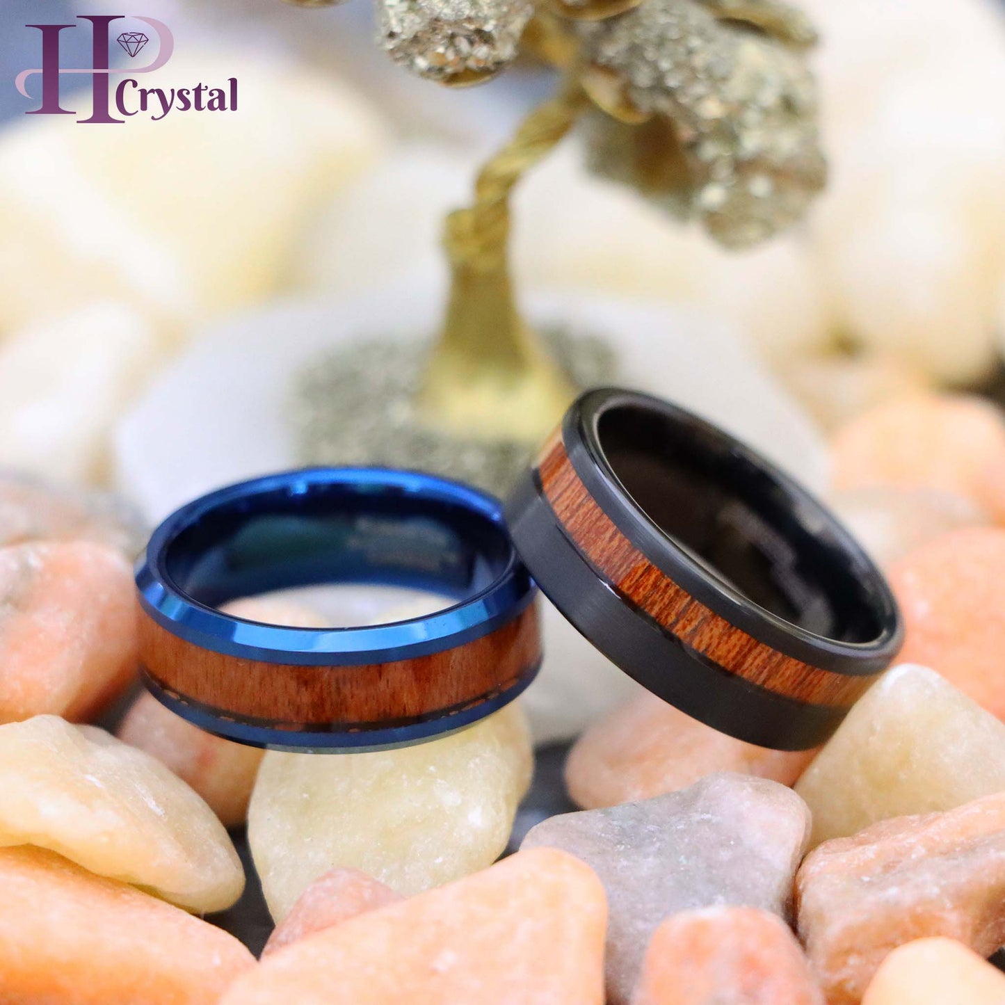 Blue & Black IP Plated Tungsten Ring with Hawaiian Koa Wood Inlay - Men's Wedding Band