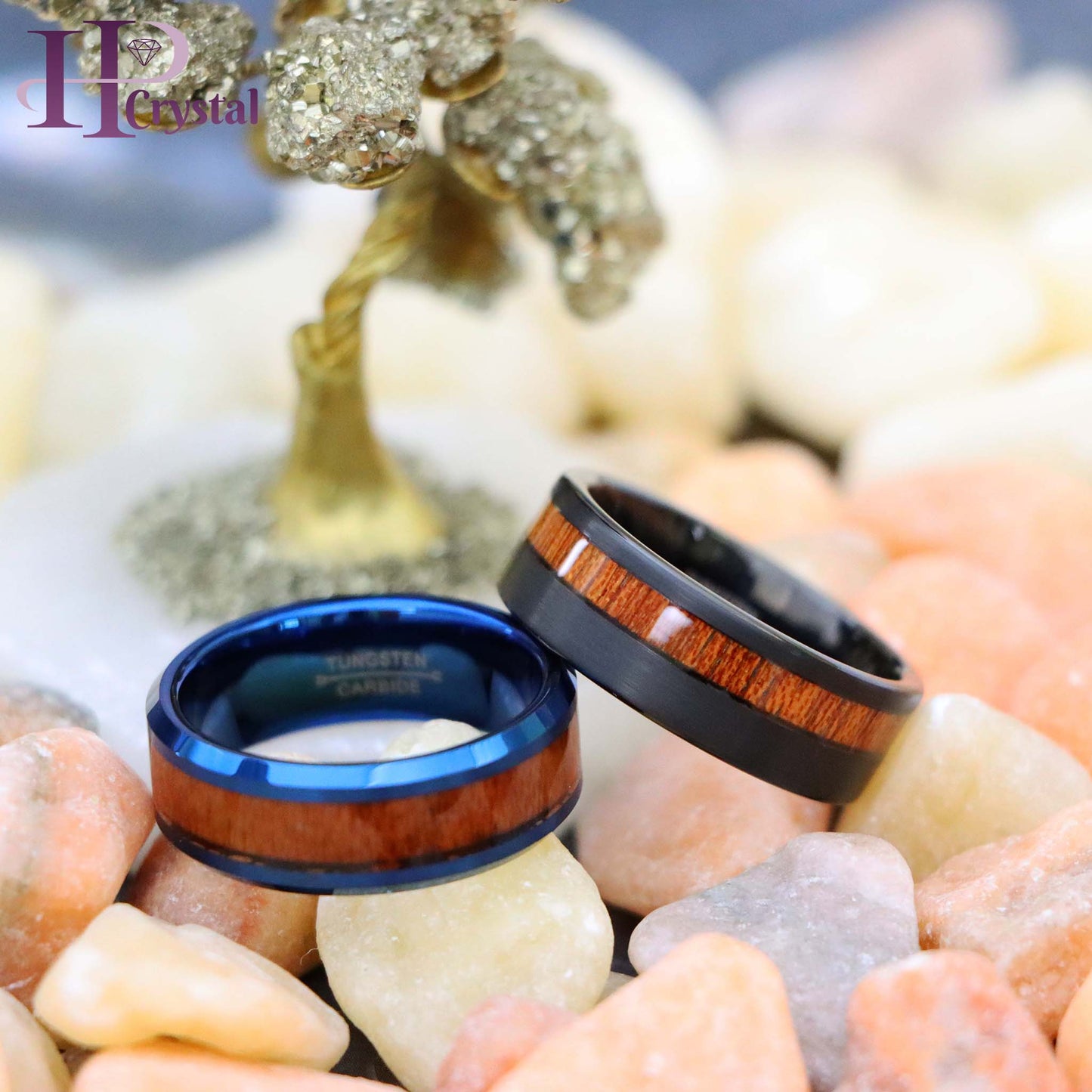 Blue & Black IP Plated Tungsten Ring with Hawaiian Koa Wood Inlay - Men's Wedding Band
