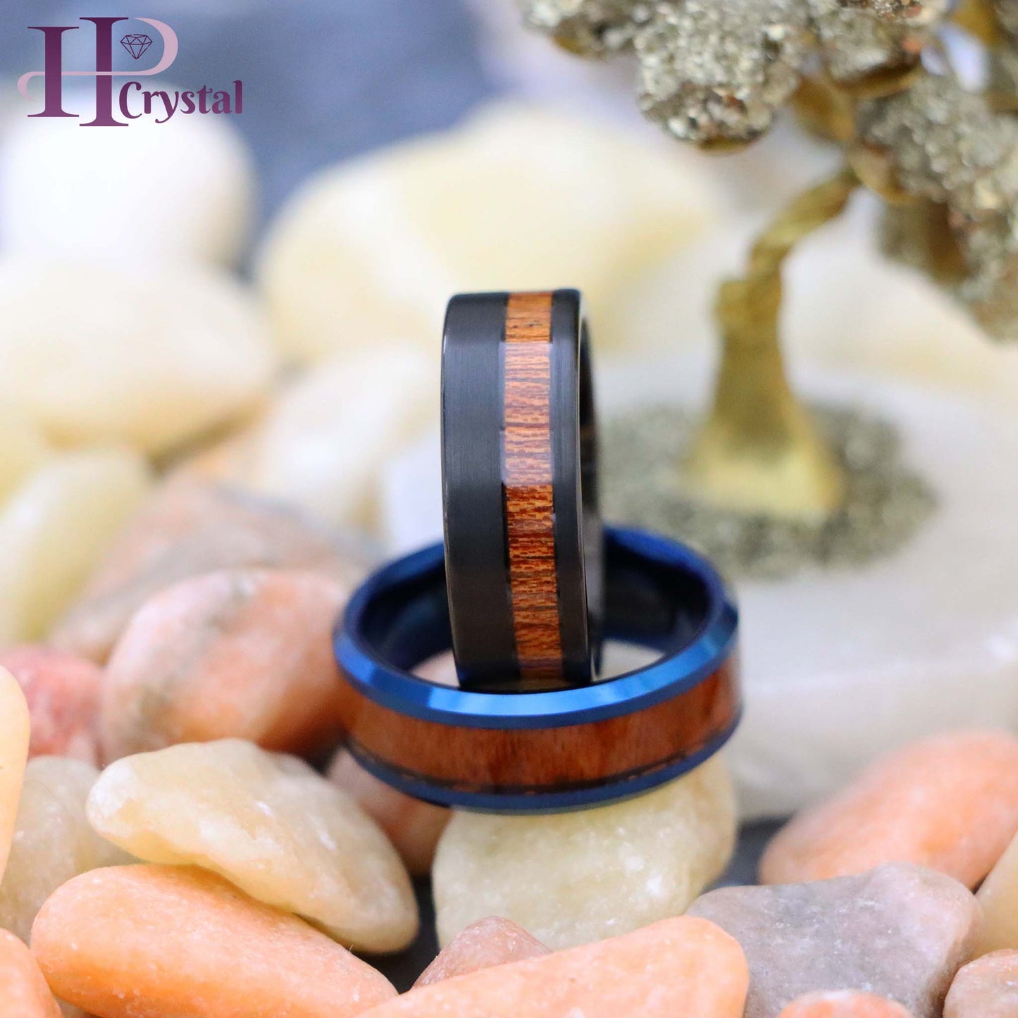 Blue & Black IP Plated Tungsten Ring with Hawaiian Koa Wood Inlay - Men's Wedding Band