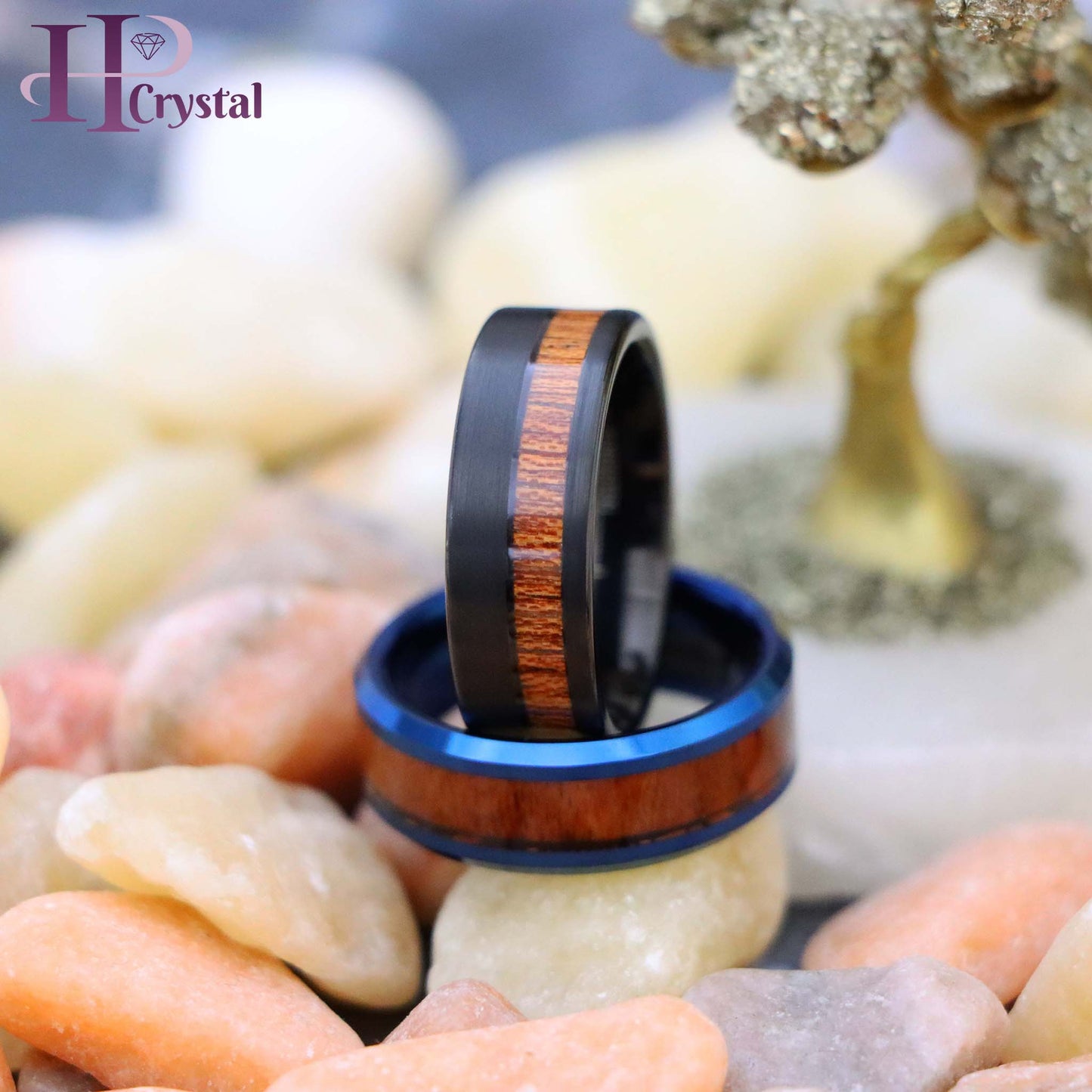 Blue & Black IP Plated Tungsten Ring with Hawaiian Koa Wood Inlay - Men's Wedding Band