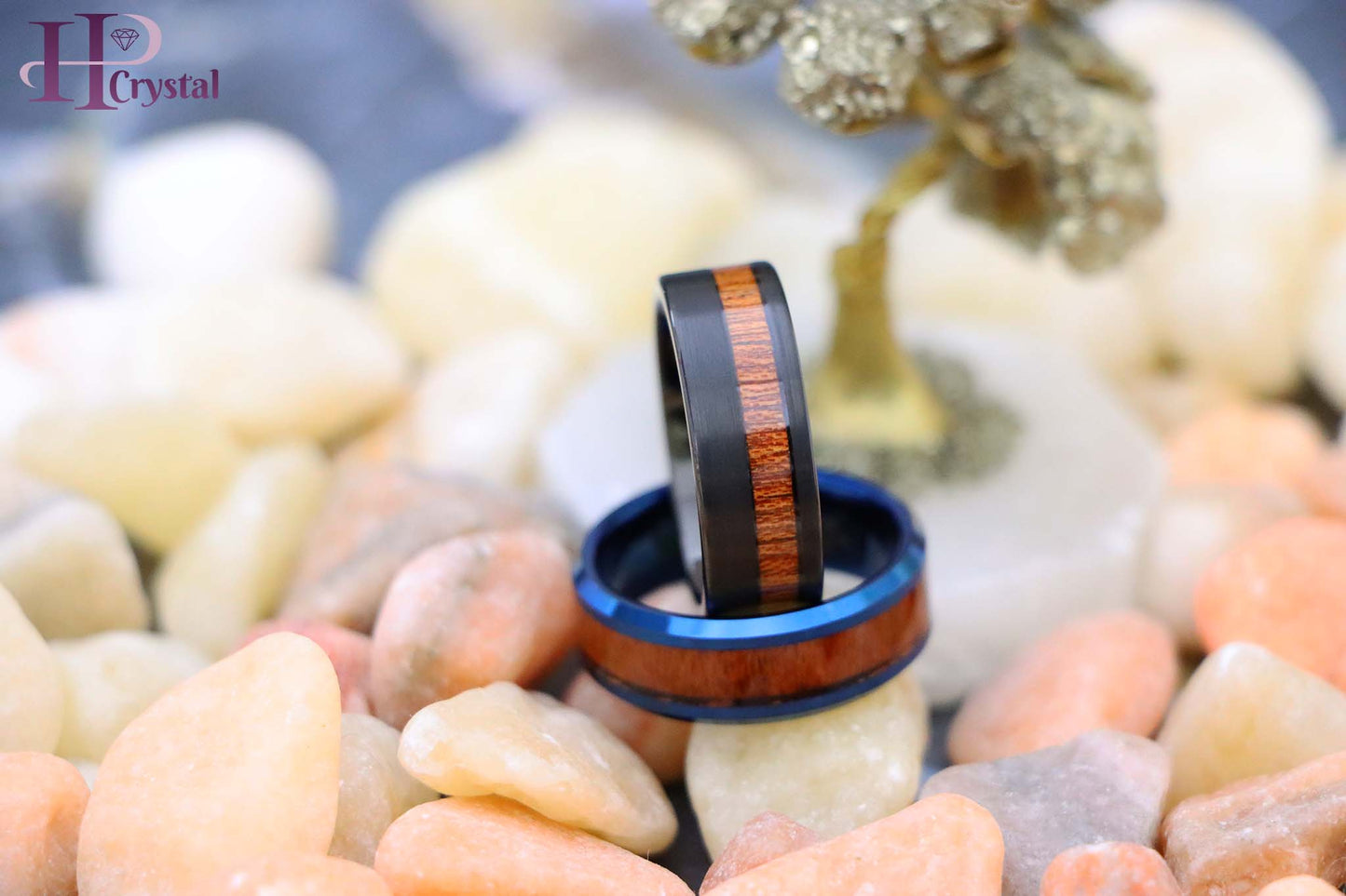 Blue & Black IP Plated Tungsten Ring with Hawaiian Koa Wood Inlay - Men's Wedding Band