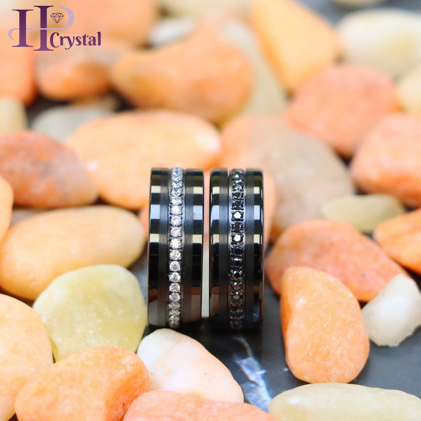 Black IP Plated Prong-set Round-cut White/Black CZ Eternity Tungsten Ring