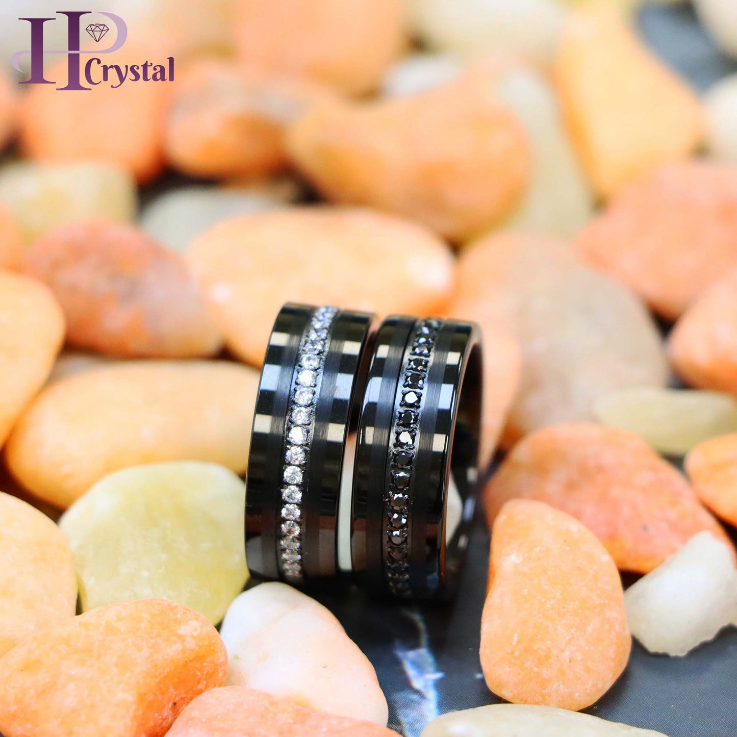 Black IP Plated Prong-set Round-cut White/Black CZ Eternity Tungsten Ring
