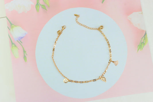Rose Gold Leaf Charm Anklet with Polished Dual Chain Design, XPAL1186 (2119-5)