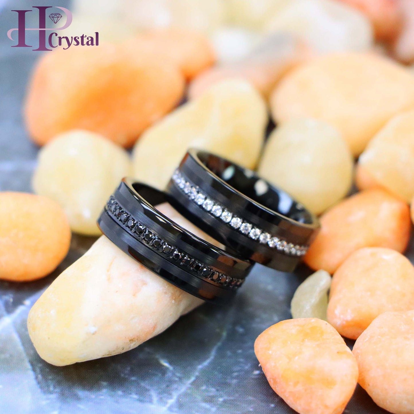 Black IP Plated Prong-set Round-cut White/Black CZ Eternity Tungsten Ring