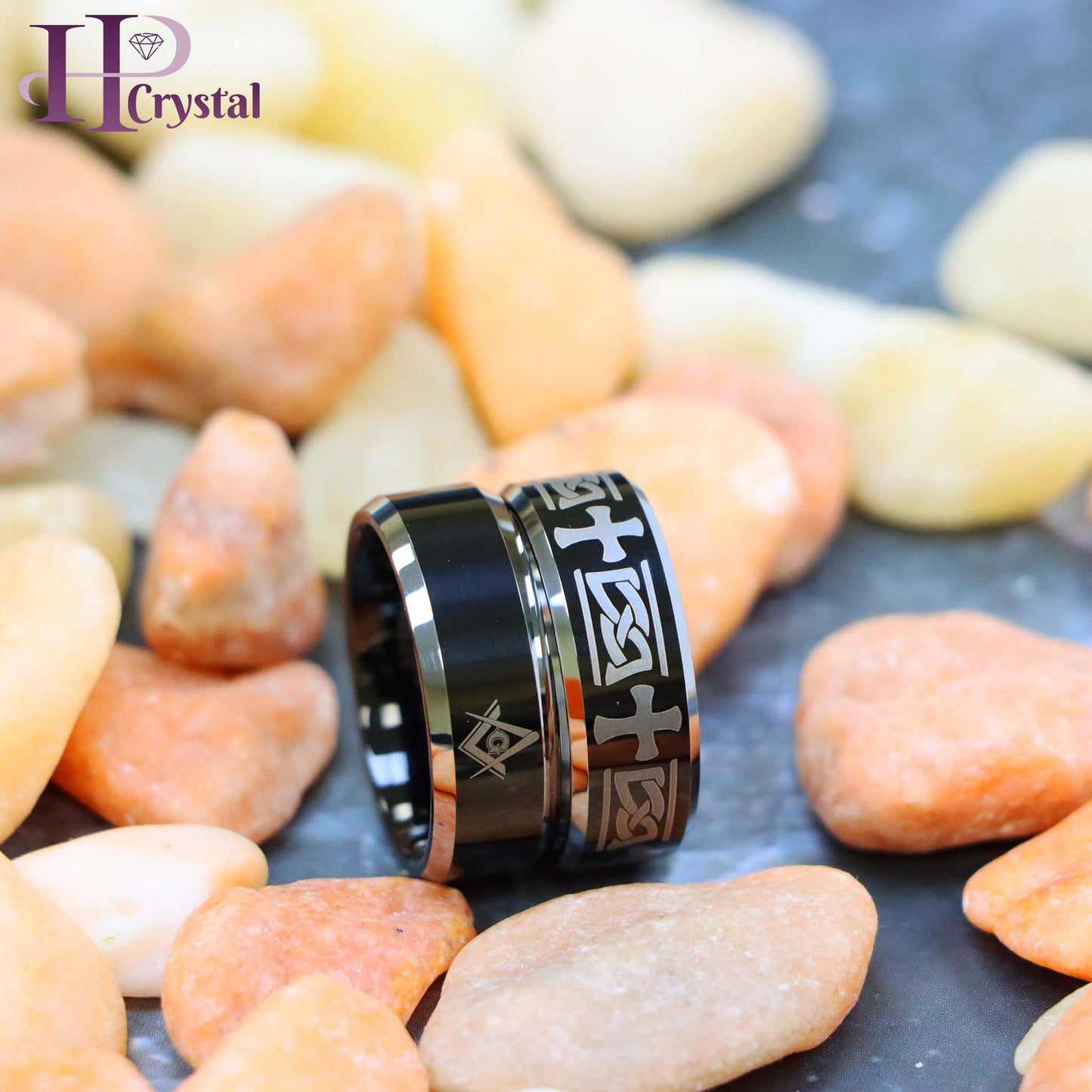 Beveled Edge Ring with Celtic Cross Engraved/Laser Engraved Masonic Symbol on Black IP Plated Center Tungsten Ring