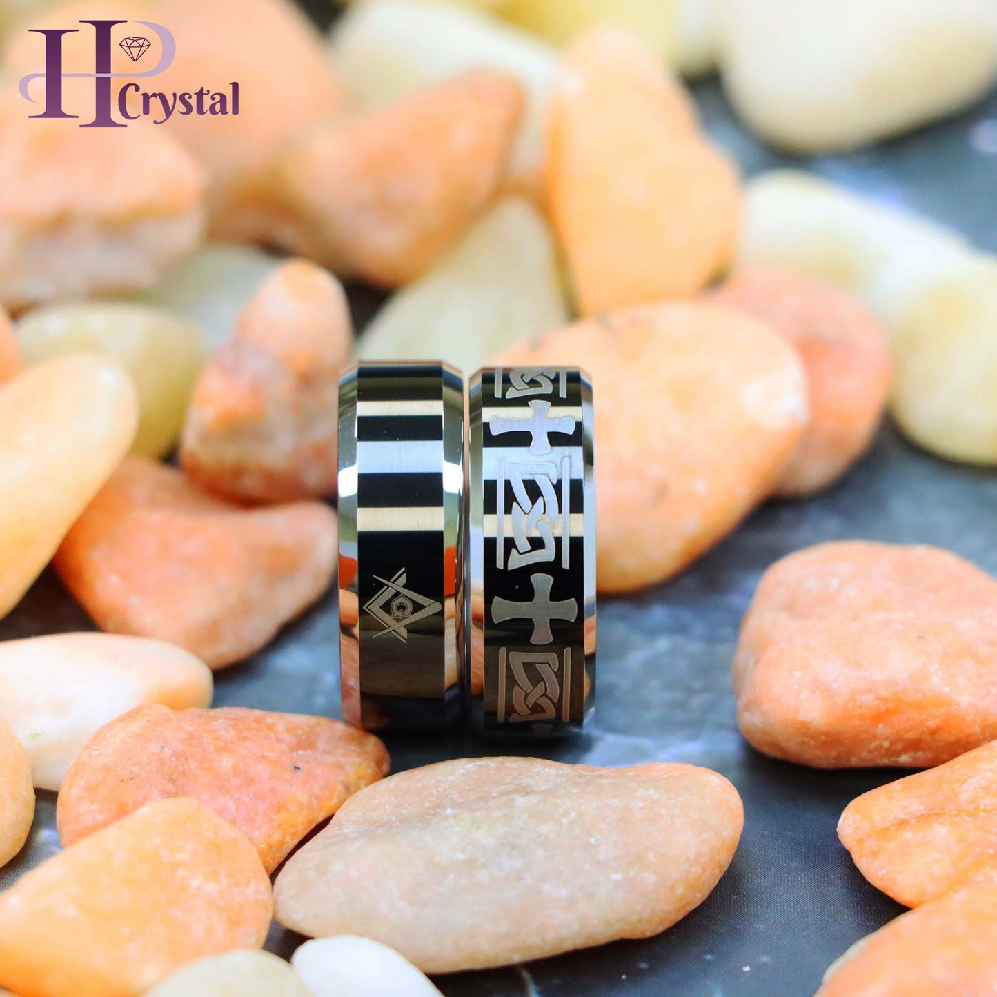 Beveled Edge Ring with Celtic Cross Engraved/Laser Engraved Masonic Symbol on Black IP Plated Center Tungsten Ring