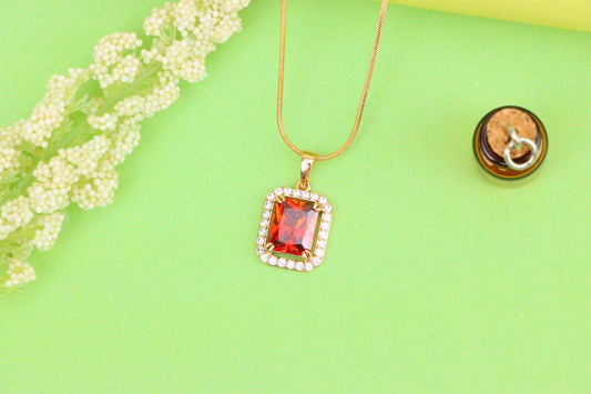 Red Emerald-Cut Stone Pendant with Crystals in Rose Gold, XPPT1572 (2145-2)