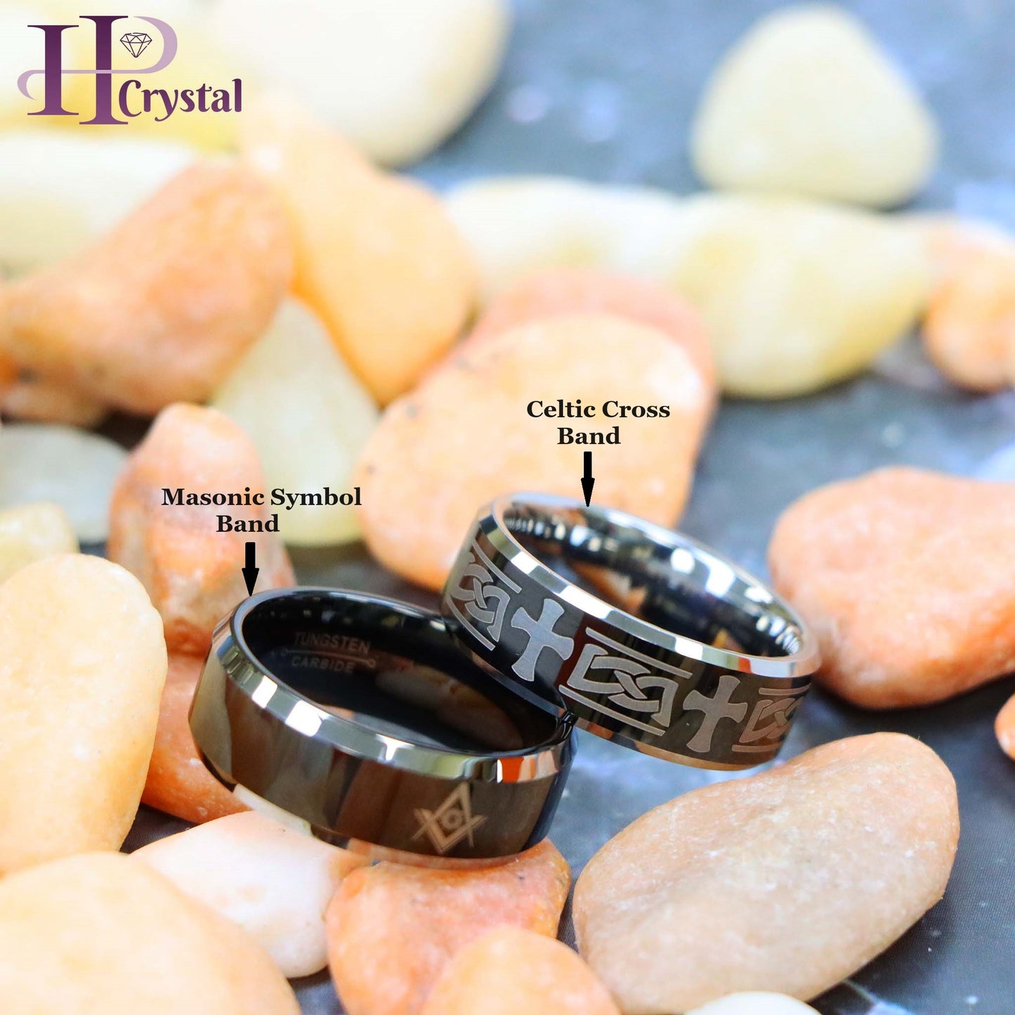 Beveled Edge Ring with Celtic Cross Engraved/Laser Engraved Masonic Symbol on Black IP Plated Center Tungsten Ring