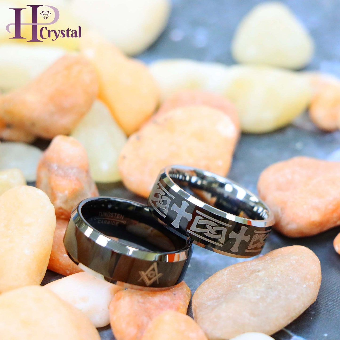 Beveled Edge Ring with Celtic Cross Engraved/Laser Engraved Masonic Symbol on Black IP Plated Center Tungsten Ring