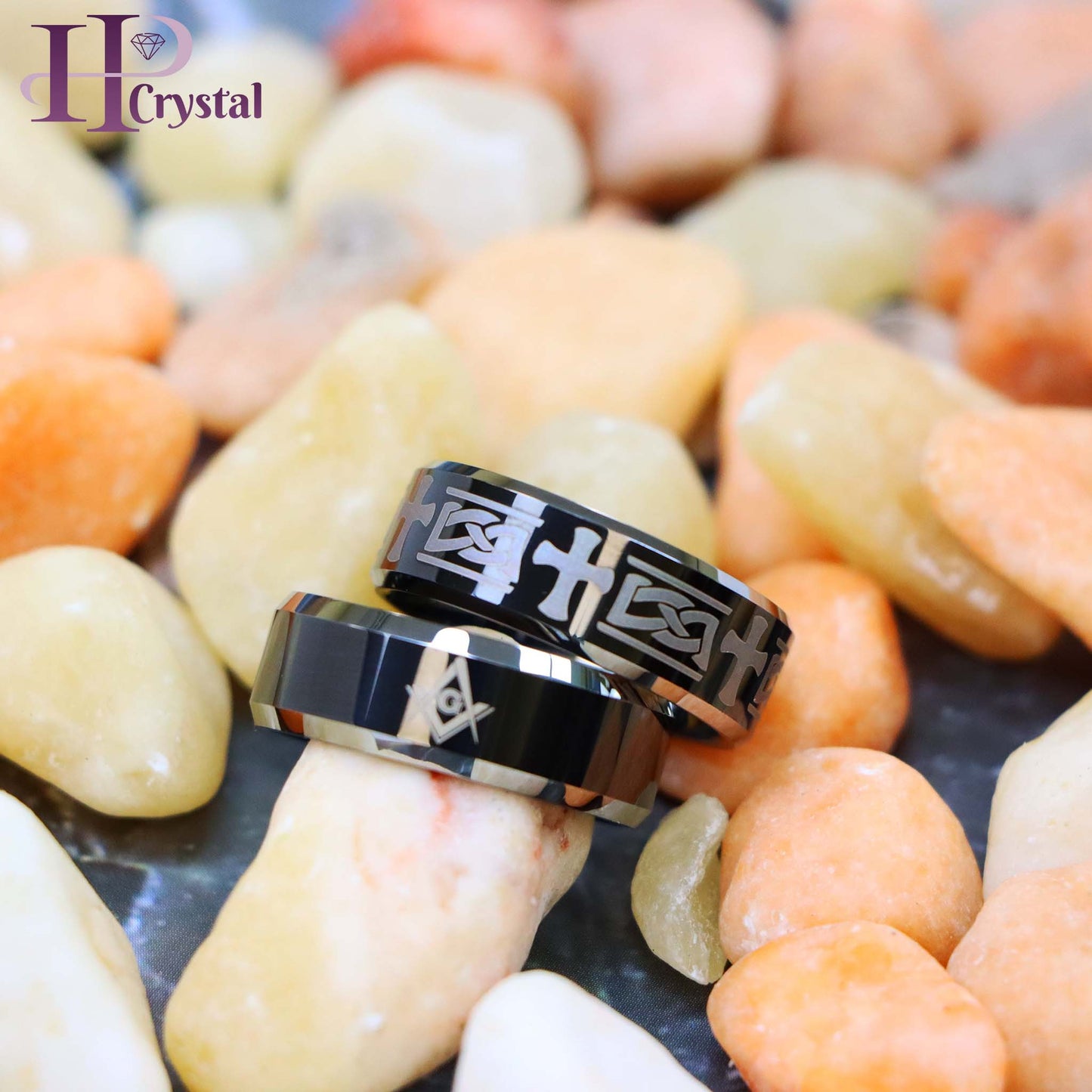 Beveled Edge Ring with Celtic Cross Engraved/Laser Engraved Masonic Symbol on Black IP Plated Center Tungsten Ring