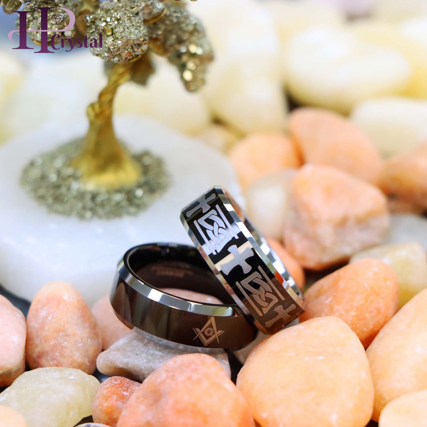 Beveled Edge Ring with Celtic Cross Engraved/Laser Engraved Masonic Symbol on Black IP Plated Center Tungsten Ring
