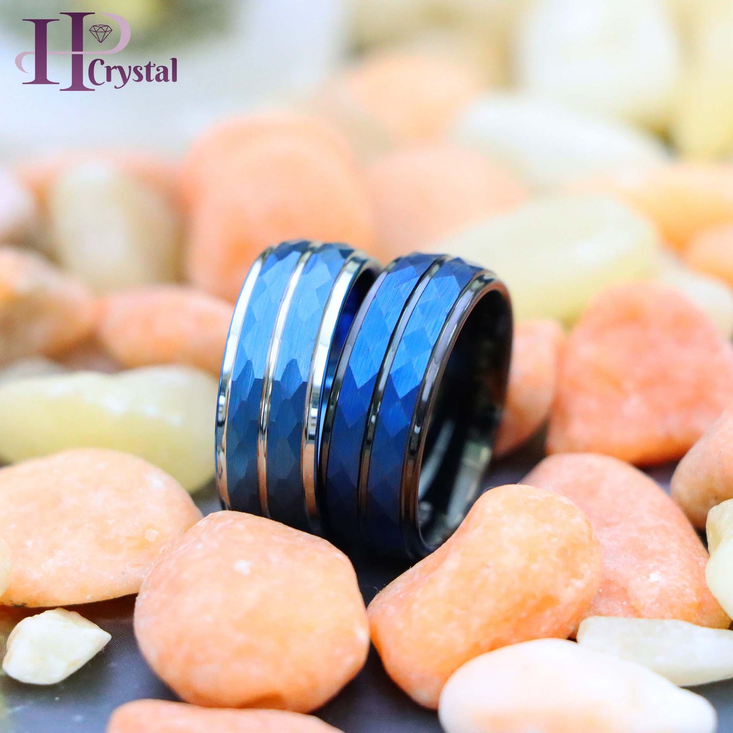 Blue IP Plated Hammered Finish High Polished Stepped/Beveled Edge Tungsten Ring
