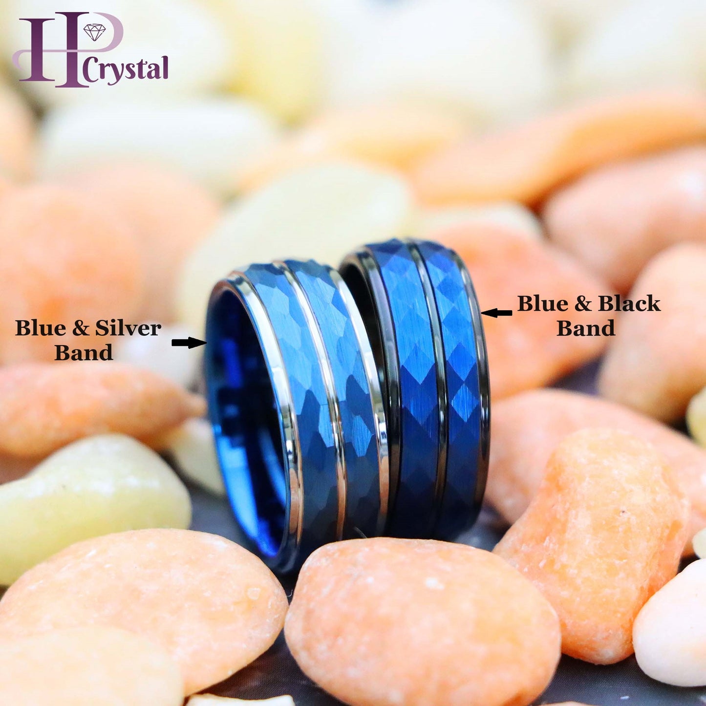 Blue IP Plated Hammered Finish High Polished Stepped/Beveled Edge Tungsten Ring