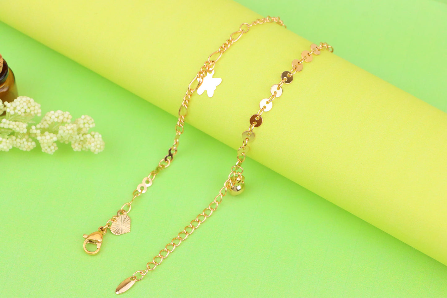 Rose Gold Butterfly Charm Anklet in Dual Link Design, XPAL1189 (2119-8)