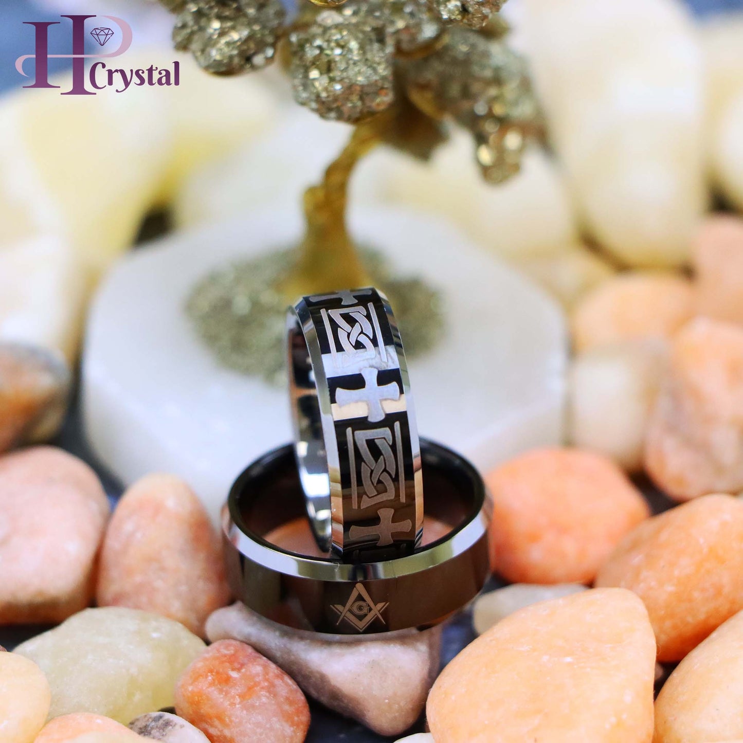 Beveled Edge Ring with Celtic Cross Engraved/Laser Engraved Masonic Symbol on Black IP Plated Center Tungsten Ring
