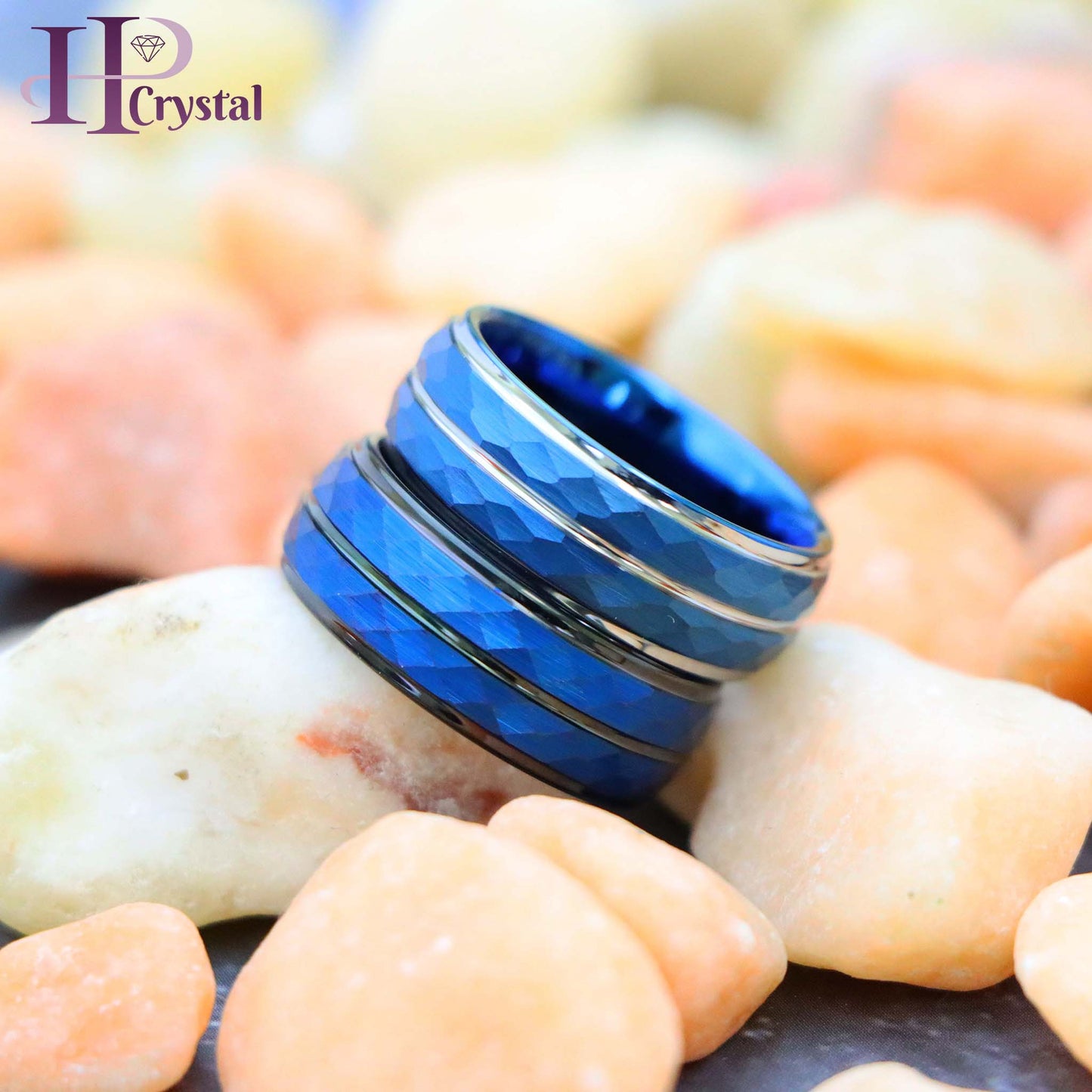 Blue IP Plated Hammered Finish High Polished Stepped/Beveled Edge Tungsten Ring