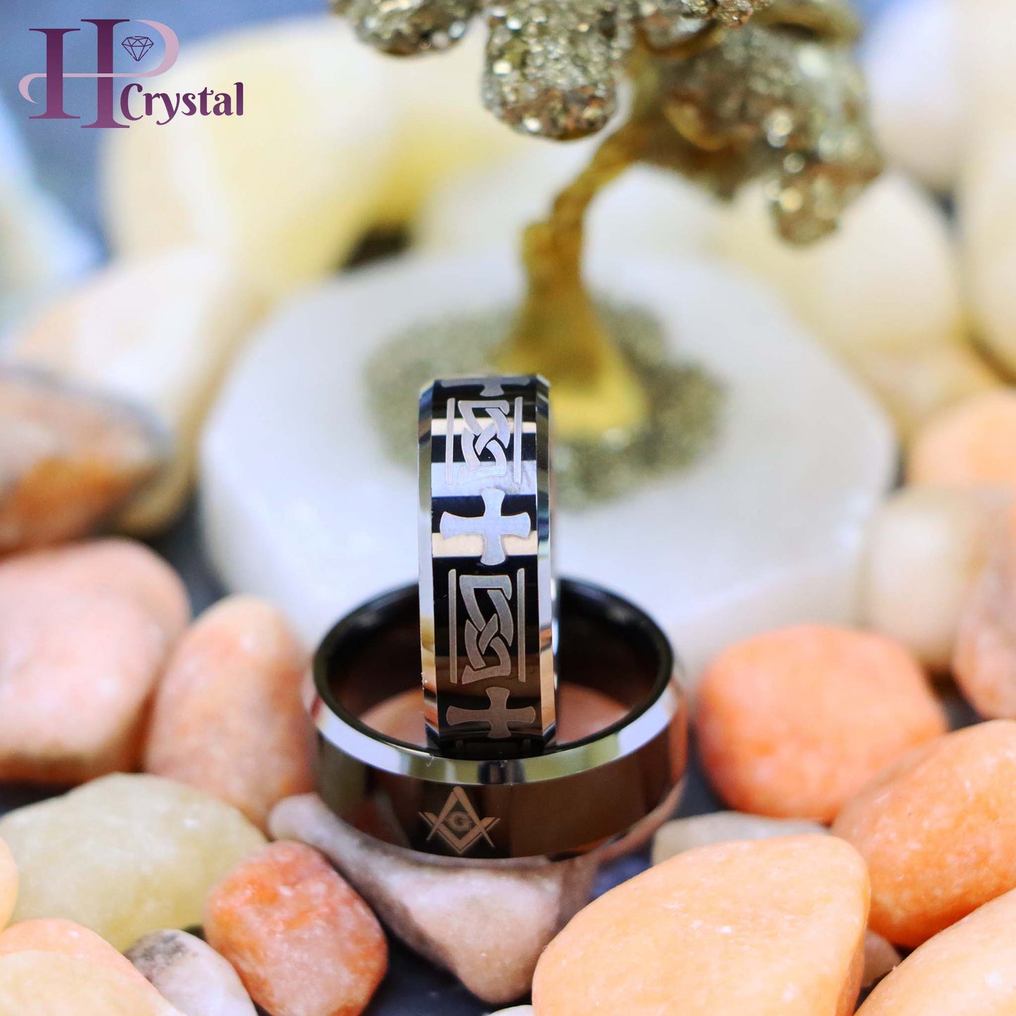 Beveled Edge Ring with Celtic Cross Engraved/Laser Engraved Masonic Symbol on Black IP Plated Center Tungsten Ring