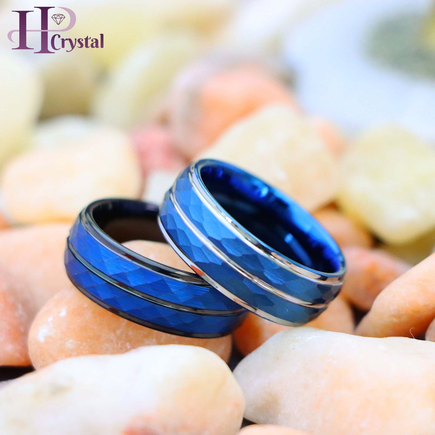 Blue IP Plated Hammered Finish High Polished Stepped/Beveled Edge Tungsten Ring
