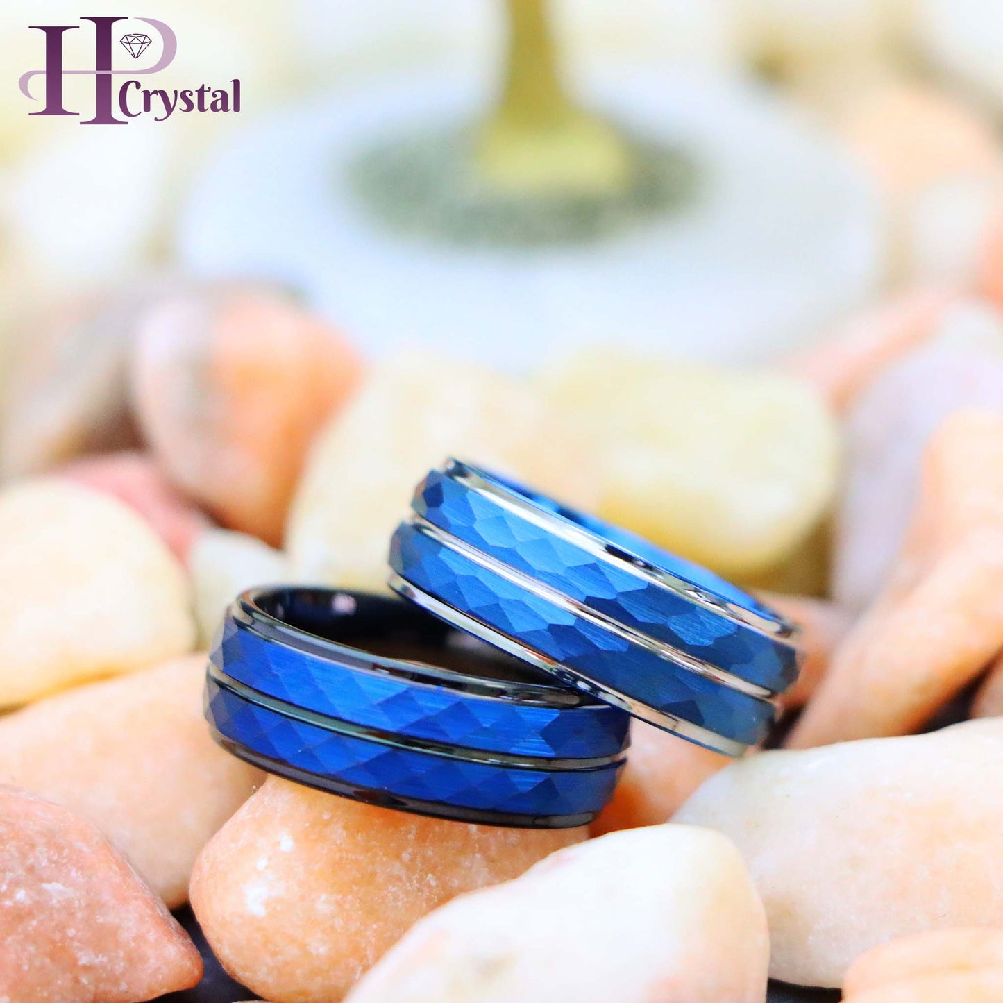 Blue IP Plated Hammered Finish High Polished Stepped/Beveled Edge Tungsten Ring