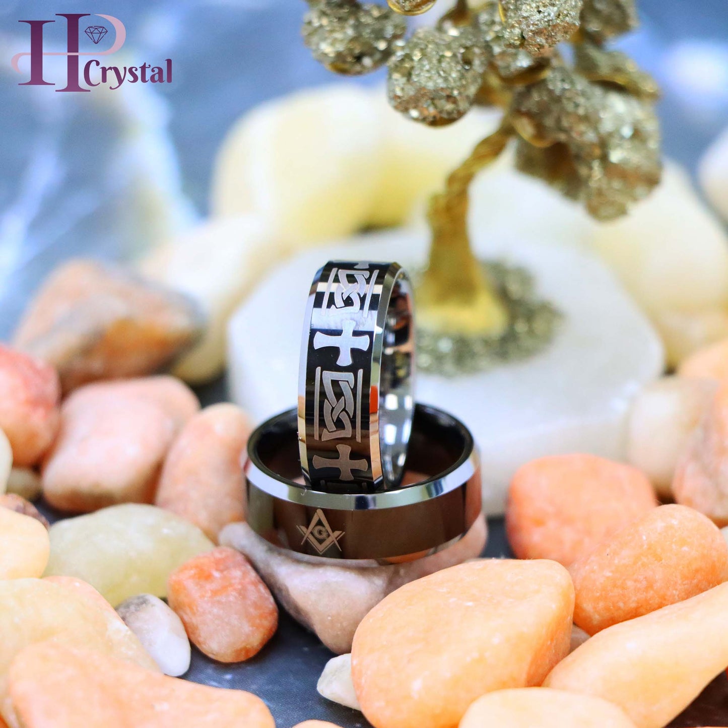 Beveled Edge Ring with Celtic Cross Engraved/Laser Engraved Masonic Symbol on Black IP Plated Center Tungsten Ring