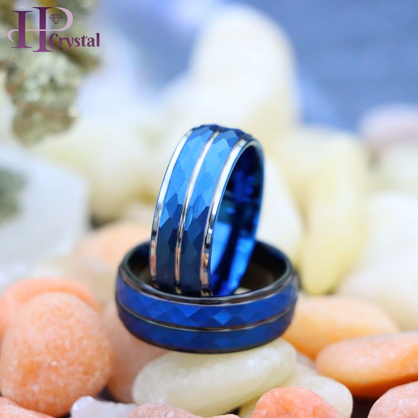 Blue IP Plated Hammered Finish High Polished Stepped/Beveled Edge Tungsten Ring