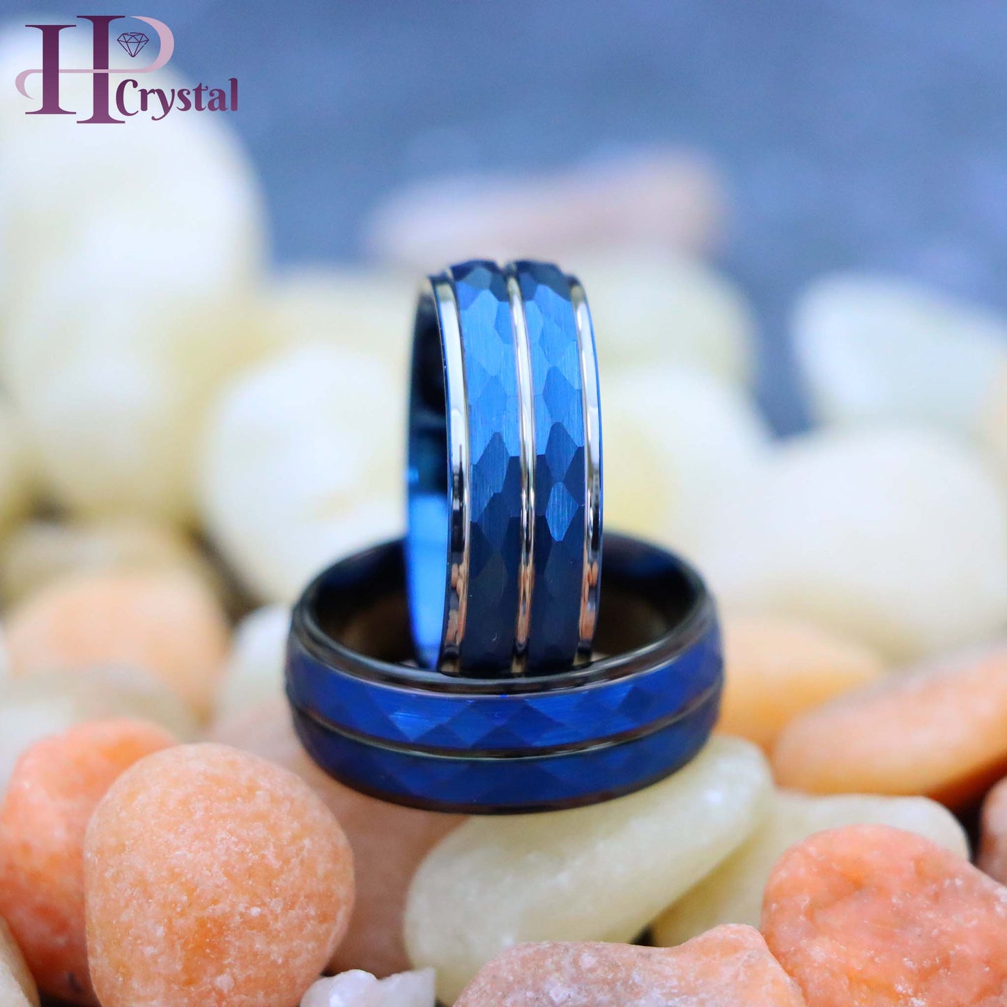 Blue IP Plated Hammered Finish High Polished Stepped/Beveled Edge Tungsten Ring
