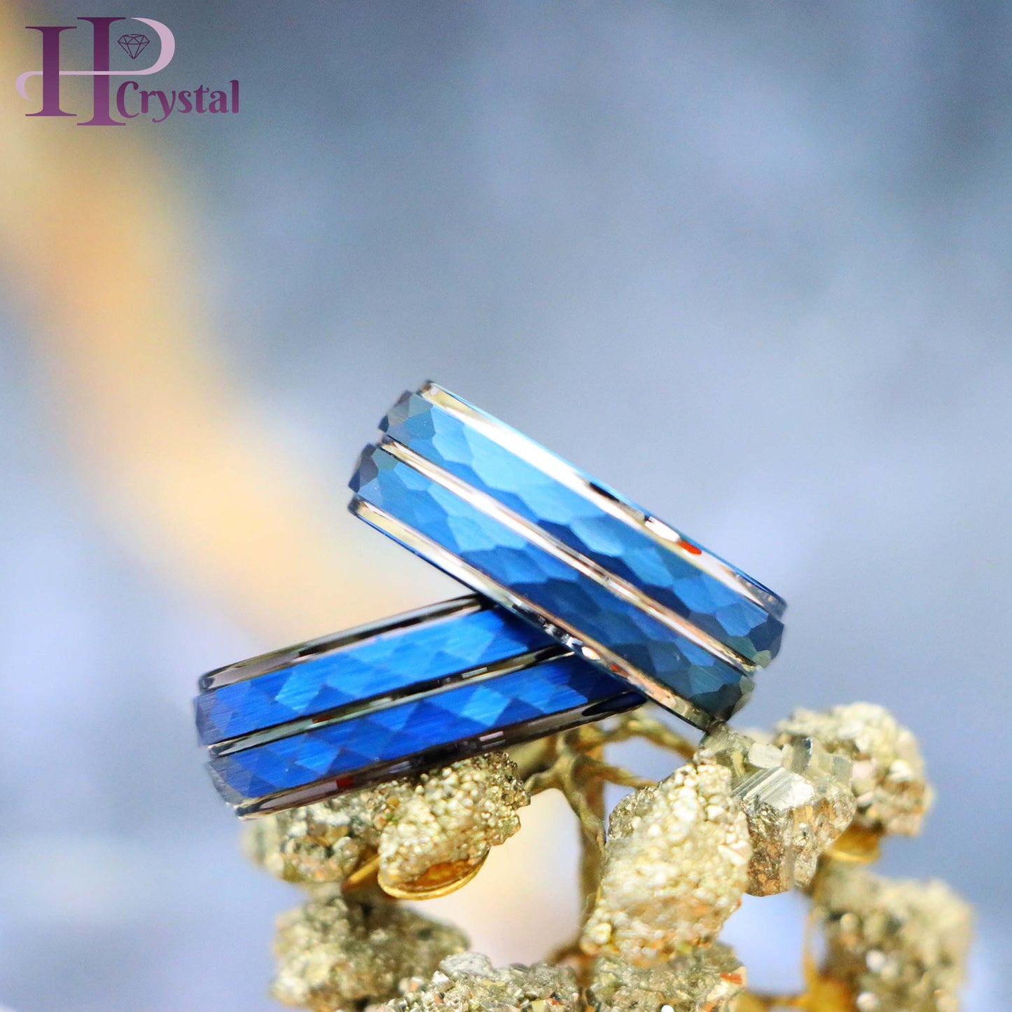 Blue IP Plated Hammered Finish High Polished Stepped/Beveled Edge Tungsten Ring