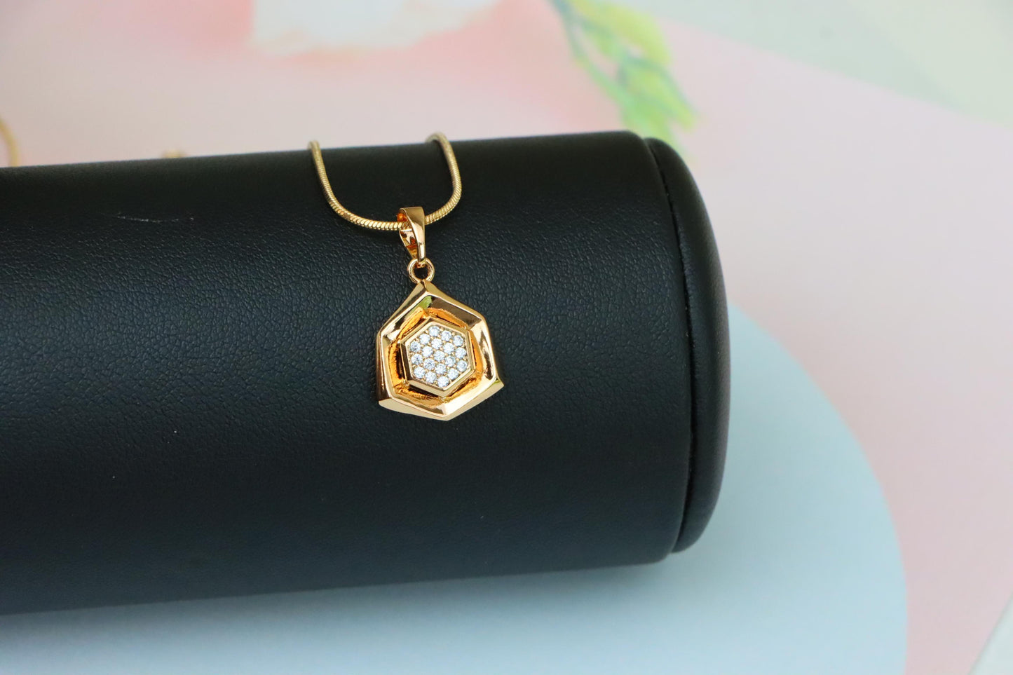 Geometric Rose Gold Pendant with Crystal Hexagon, XPPT1575 (2145-5)