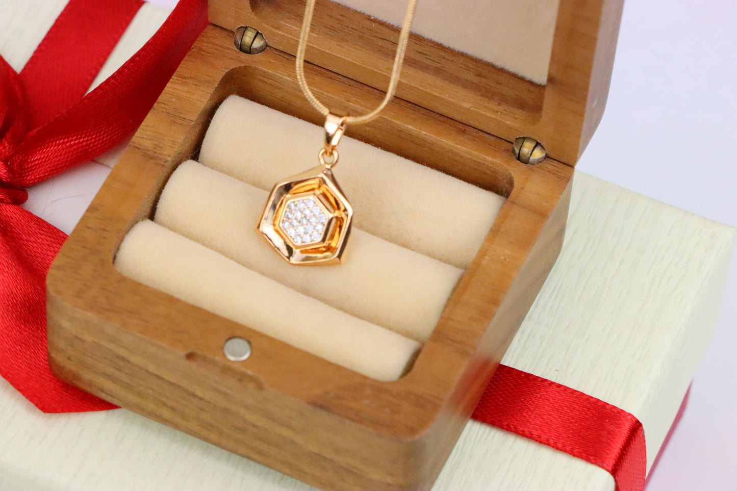 Geometric Rose Gold Pendant with Crystal Hexagon, XPPT1575 (2145-5)