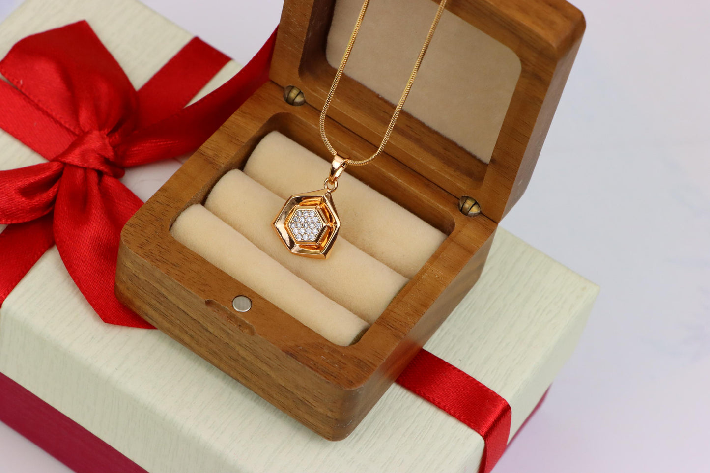 Geometric Rose Gold Pendant with Crystal Hexagon, XPPT1575 (2145-5)