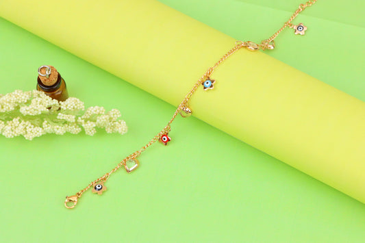 Evil Eye Flower & Heart Charm Rose Gold Anklet, XPAL1190 (2119-9)