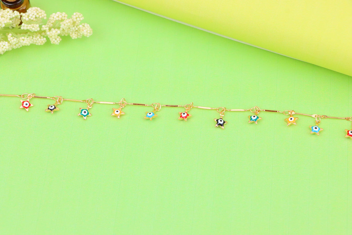 Rose Gold Evil Eye Anklet with Colorful Star Charms, XPAL1192 (2120-1)