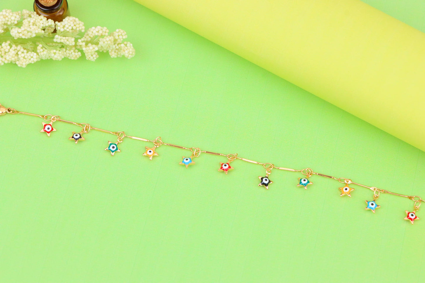 Rose Gold Evil Eye Anklet with Colorful Star Charms, XPAL1192 (2120-1)