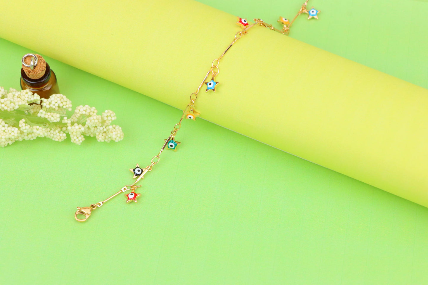 Rose Gold Evil Eye Anklet with Colorful Star Charms, XPAL1192 (2120-1)