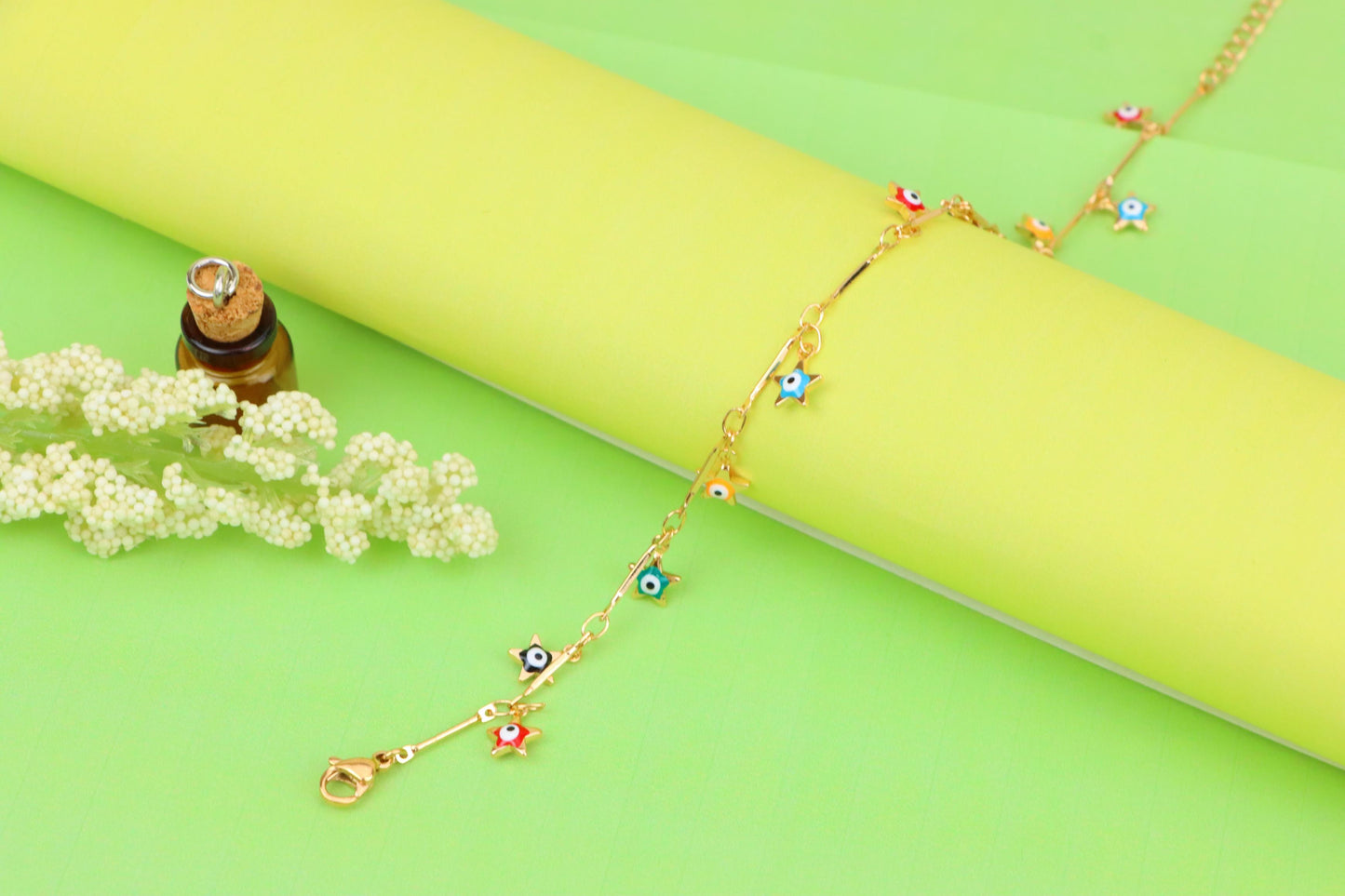 Rose Gold Evil Eye Anklet with Colorful Star Charms, XPAL1192 (2120-1)