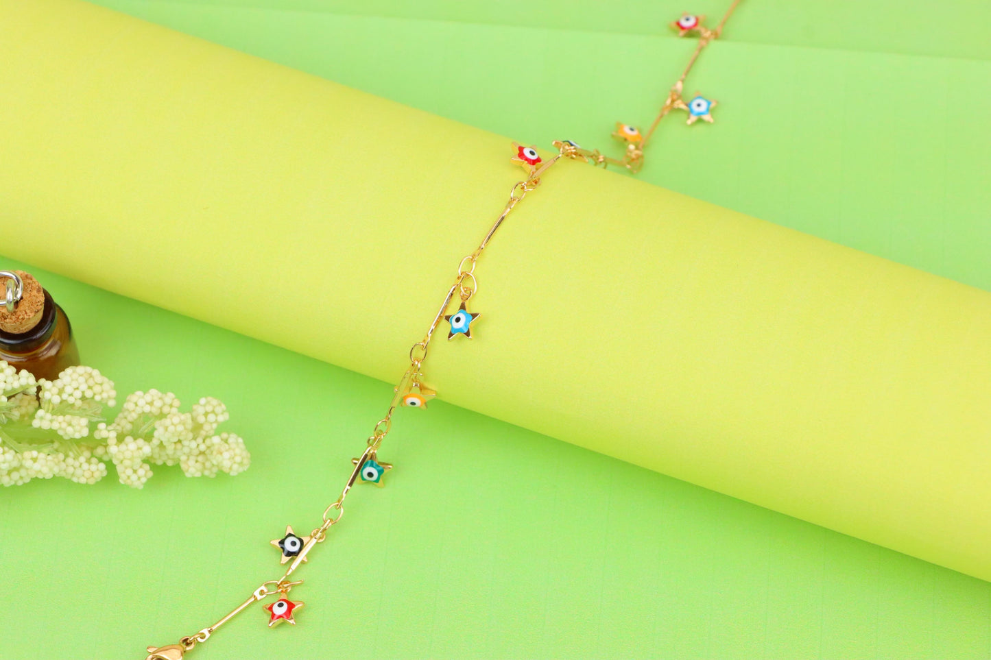 Rose Gold Evil Eye Anklet with Colorful Star Charms, XPAL1192 (2120-1)