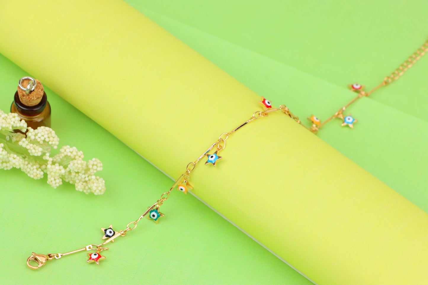 Rose Gold Evil Eye Anklet with Colorful Star Charms, XPAL1192 (2120-1)