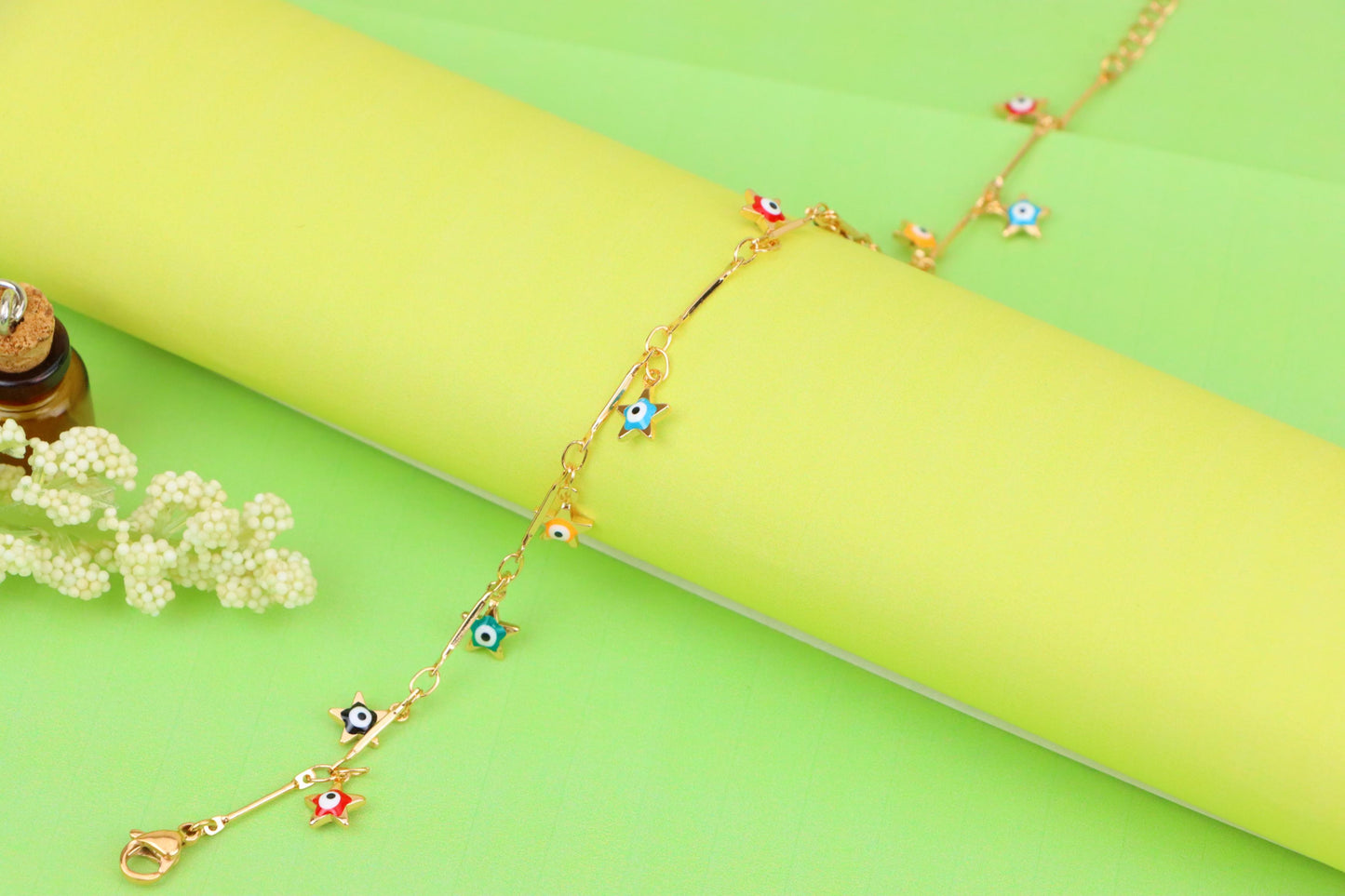 Rose Gold Evil Eye Anklet with Colorful Star Charms, XPAL1192 (2120-1)
