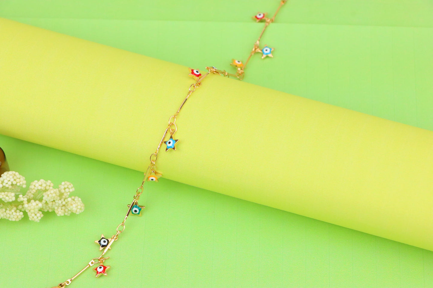 Rose Gold Evil Eye Anklet with Colorful Star Charms, XPAL1192 (2120-1)